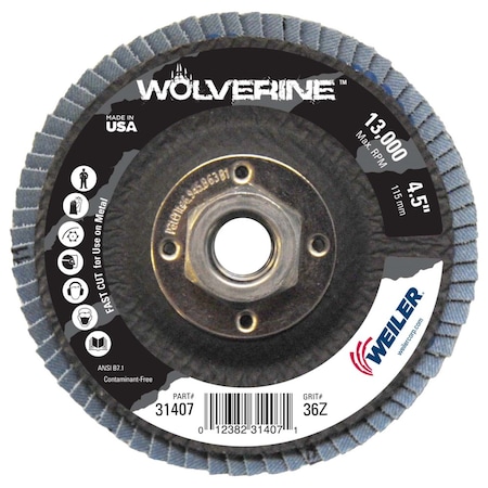 Weiler 4-1/2" Abrasive Flap Disc, Flat (TY27), 36Z, 5/8"-11 UNC 31407